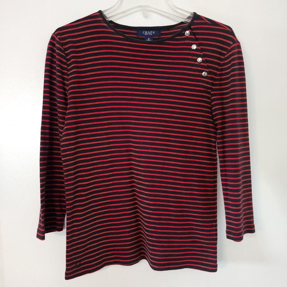 Chaps Red Black Striped 3/4 Sleeve Cotton Top Button Accent Small